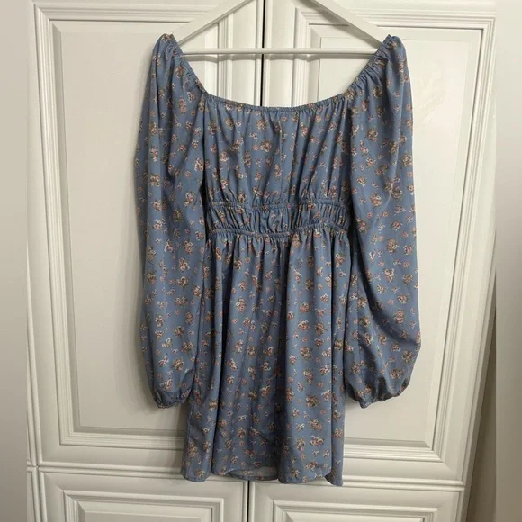 Streetwear Society Medium Blue Long Sleeve V-Neck Mini Dress w/Pink Floral Print - Picture 5 of 8